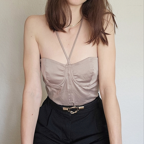 Zara Tops - DELILAH: ZARA Satin Bodysuit with Cross Strap